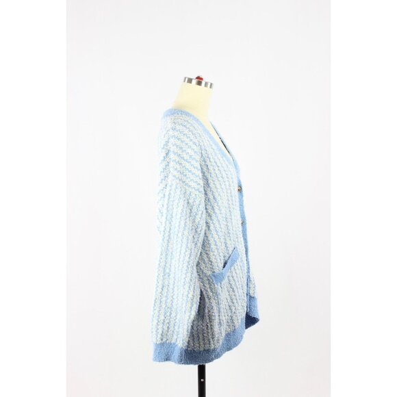 ZARA Blue White Cotton Blend Fuzzy Knit Oversized Cardigan Sweater, Size XS-S - Picture 2 of 15